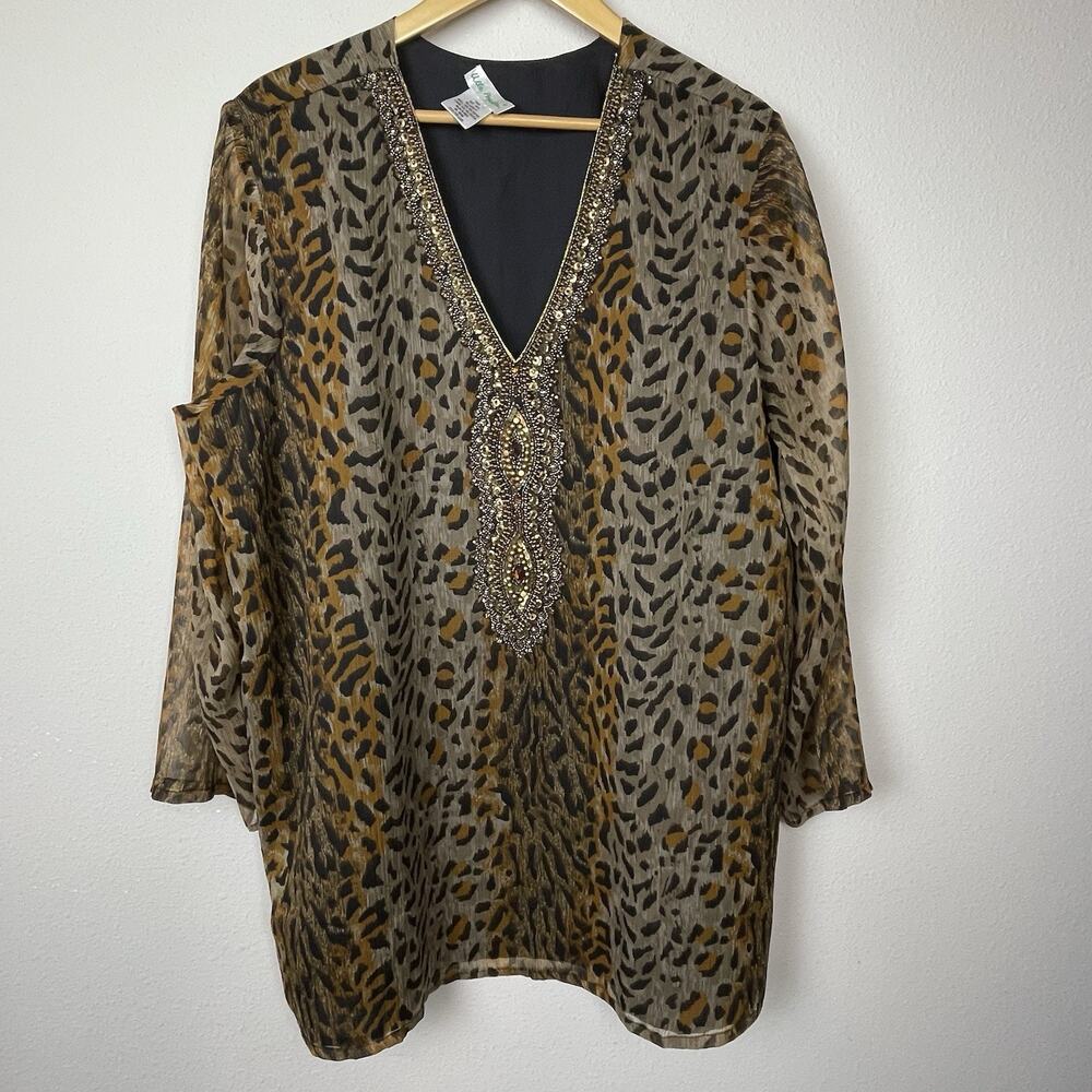 Ulla Popken Animal Print Sequin Beaded Tunic Top Size 16/18 Boho Fairycore